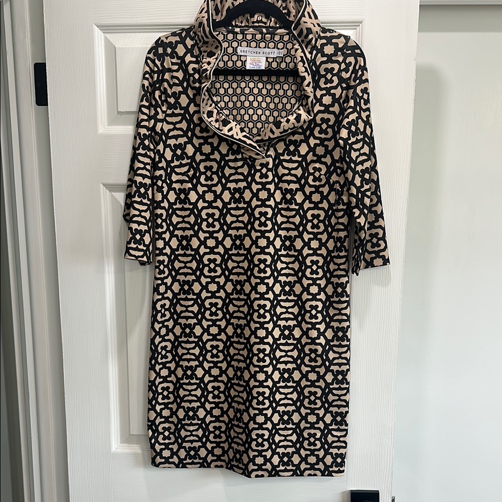 Gretchen Scott Designs Black and White Cowl Neck Sheath Dress